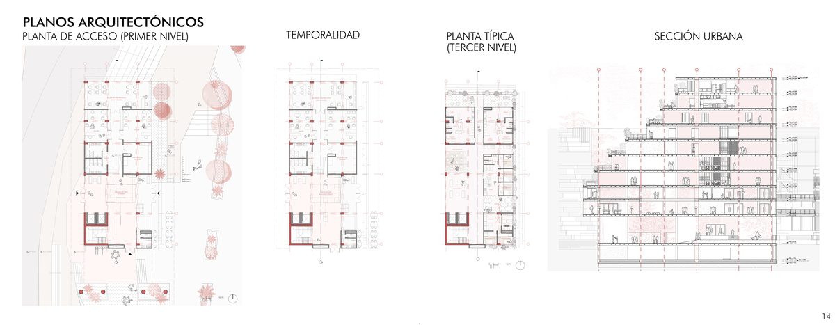 Planta de acceso, temporalidad, planta típica y sección urbana
