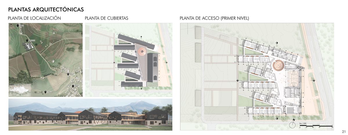 Plantas de localización, cubiertas y acceso con panorámica del conjunto